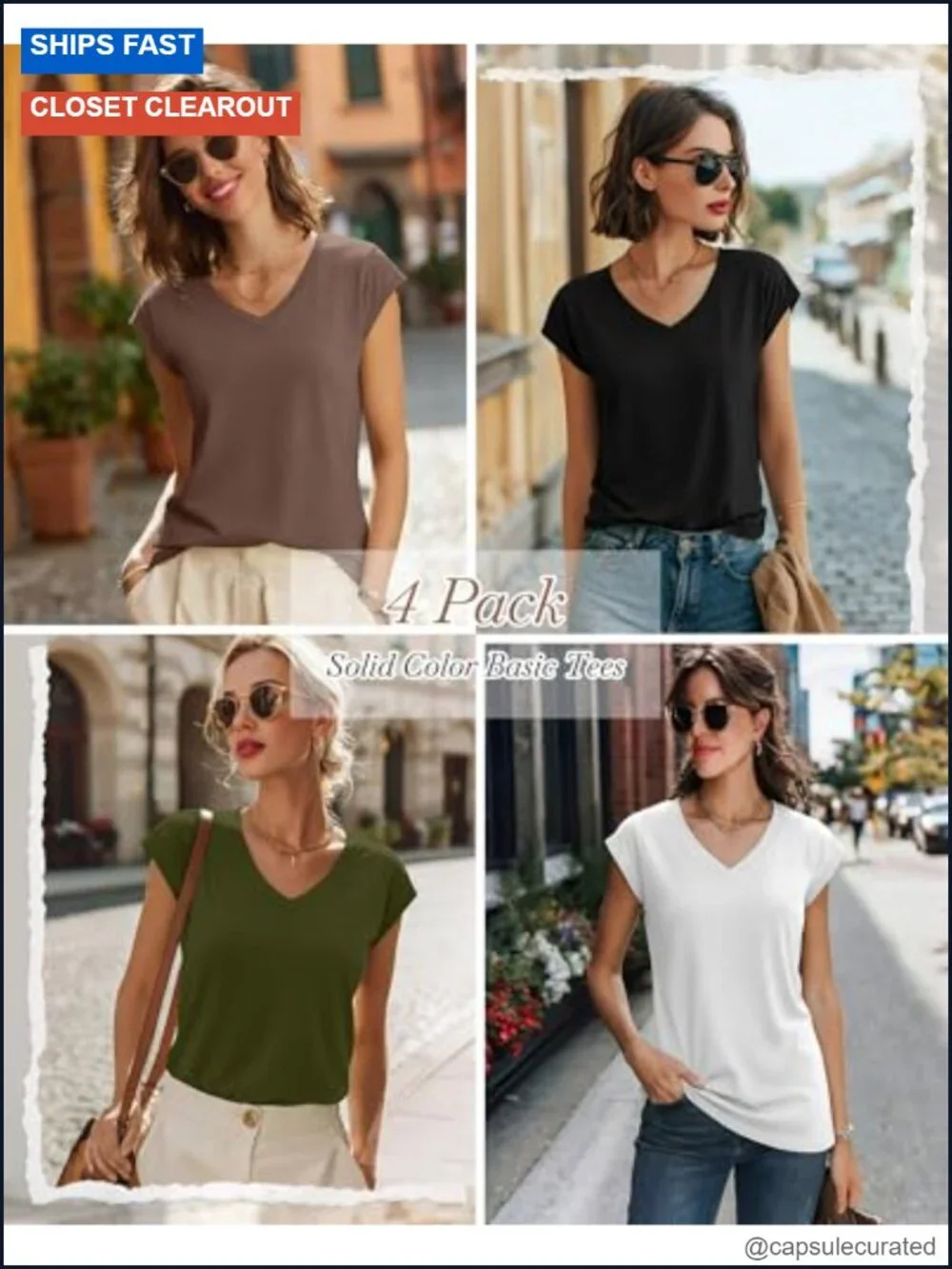4 Pack Women's V Neck Short Sleeve Tees, Cap Sleeve Tops, Summer Basic Shirts,